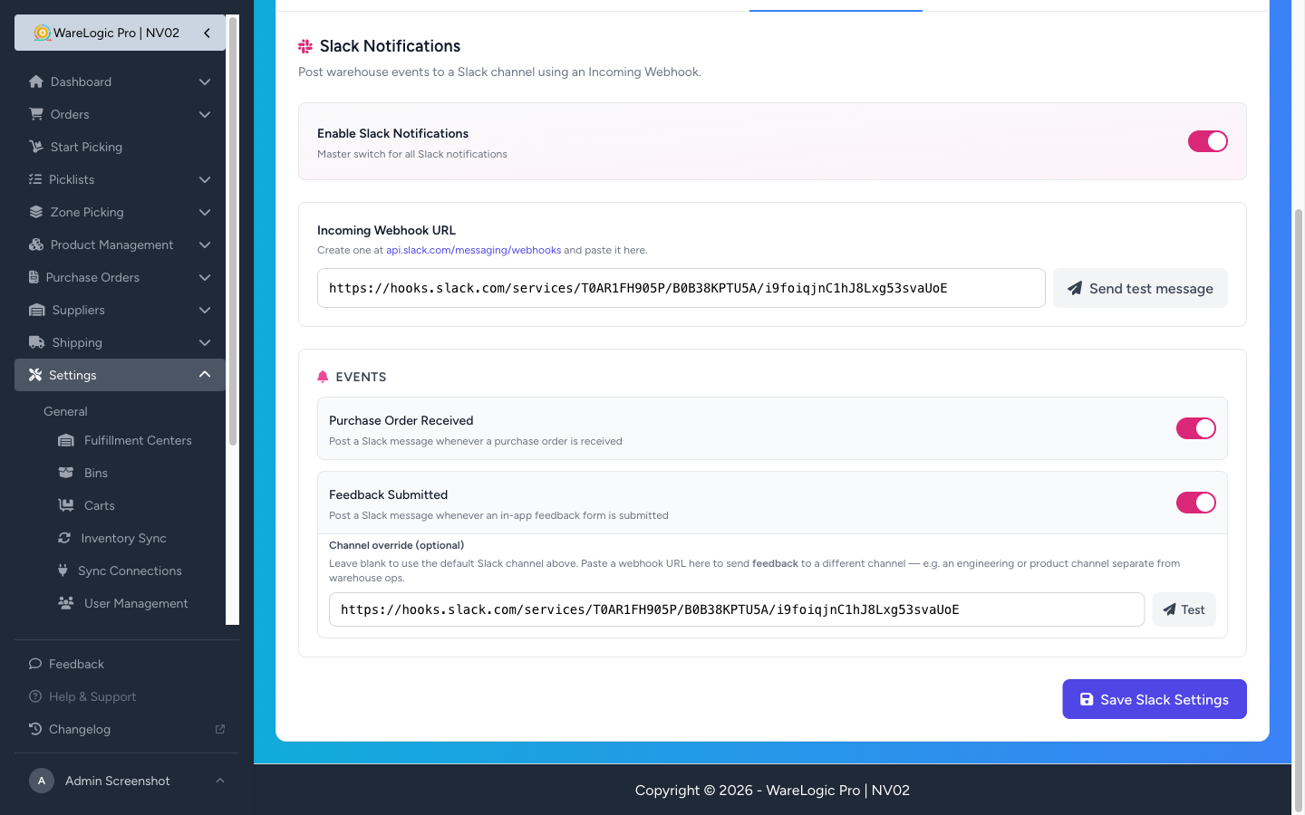 Slack settings — Feedback Submitted event with optional channel override