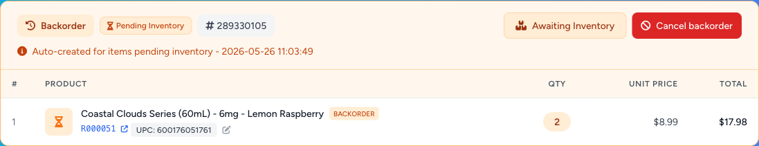Backorder shipment header with the new red Cancel backorder button next to the orange Awaiting Inventory badge
