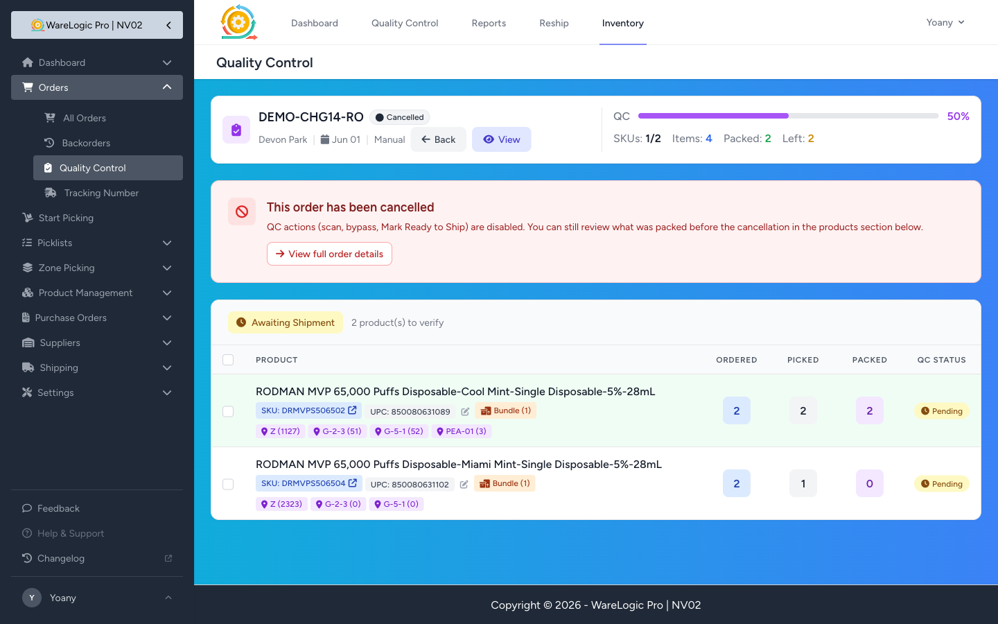 QC verify page in read-only mode on a cancelled order — scan controls removed, products section with packing history retained