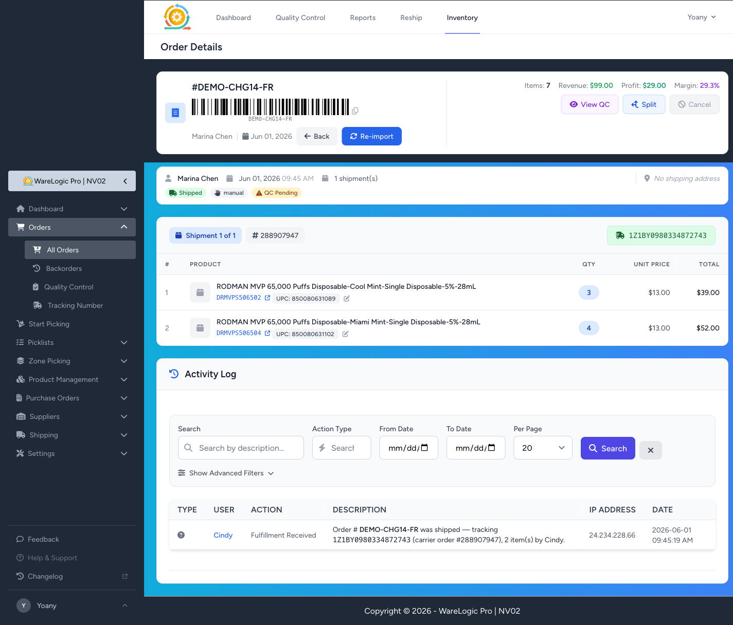 Order activity log showing the new Fulfillment Received entry with tracking, carrier order id, and shipper name