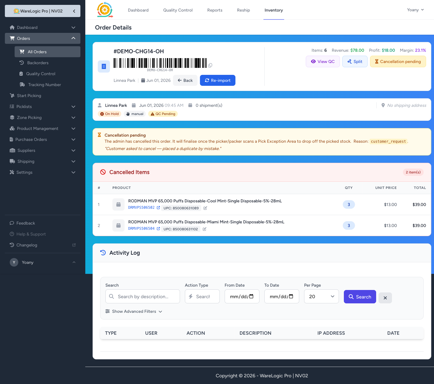 Order on hold, showing the Cancellation pending button and the new Cancelled Items header instead of the legacy Unshipped Products banner