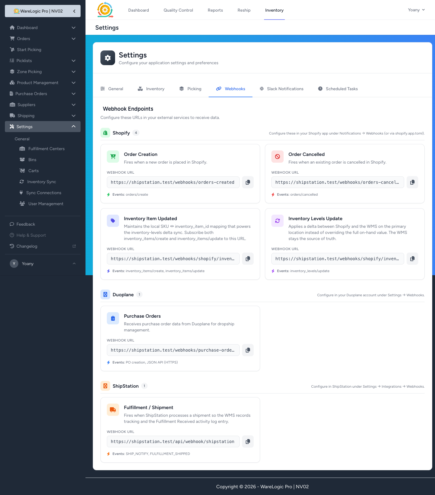 Webhook Endpoints tab regrouped by integration source — Shopify, Duoplane, ShipStation each with their own section
