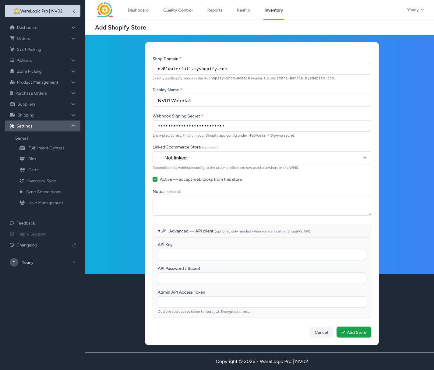 Add Shopify Store form with the webhook signing secret field and an expanded Advanced — API client section for future credentials