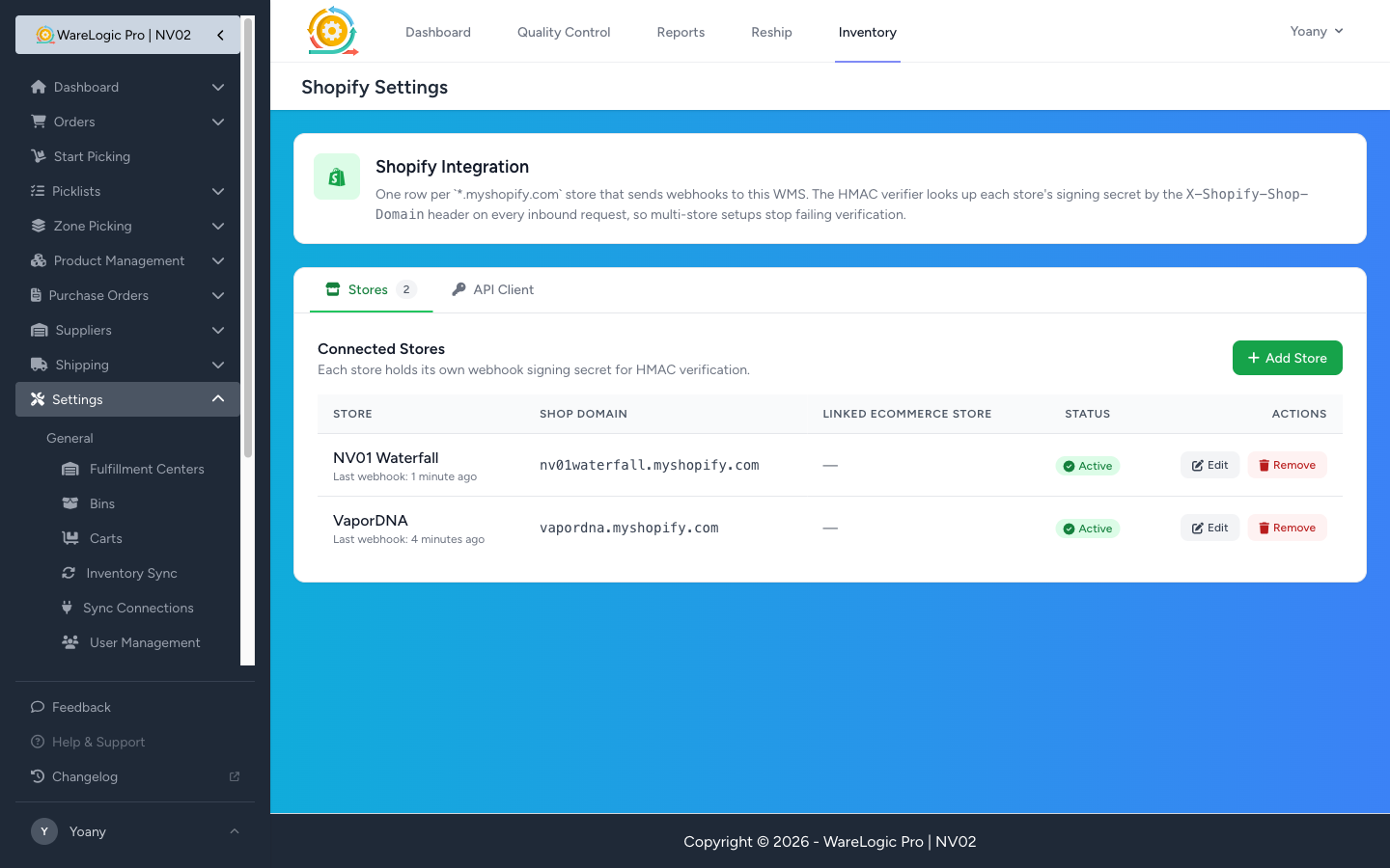 Shopify Settings → Stores tab with two connected stores, each shown with their domain, last-webhook timestamp, and active status