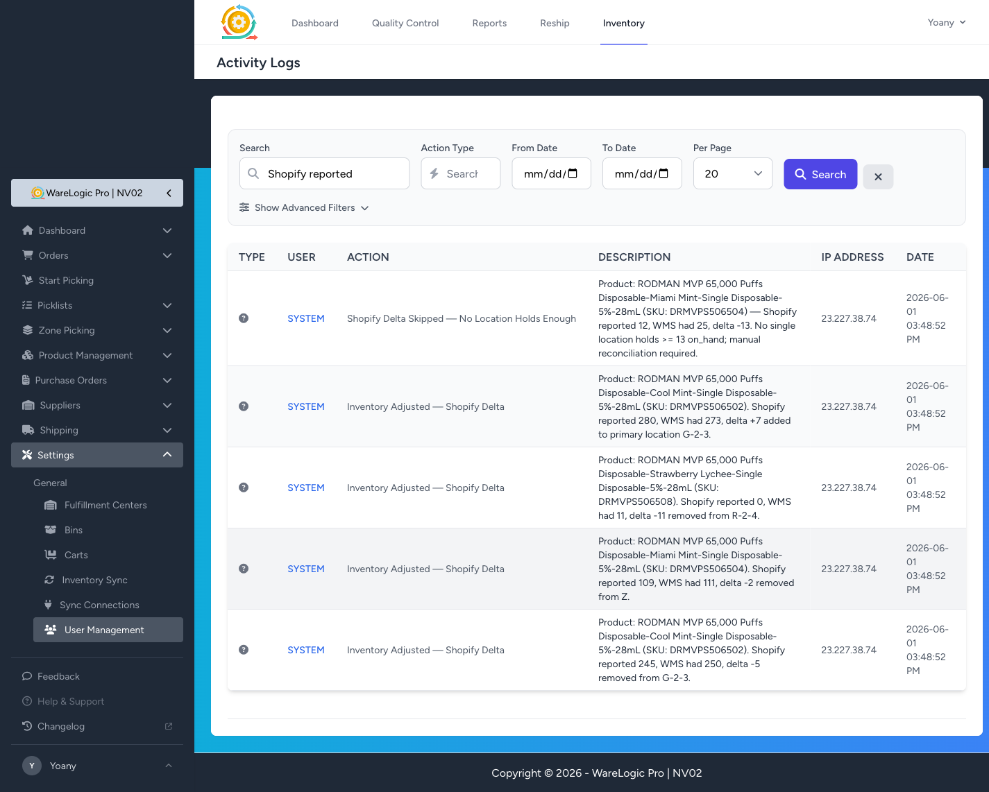 Activity Logs filtered to Shopify delta entries — applied removes, an applied add, and one skipped-and-flagged case