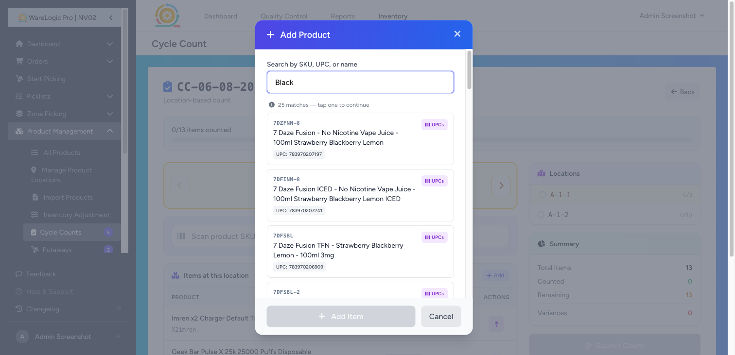 Cycle Count Add Product modal — same multi-result search and UPCs button as Move Product