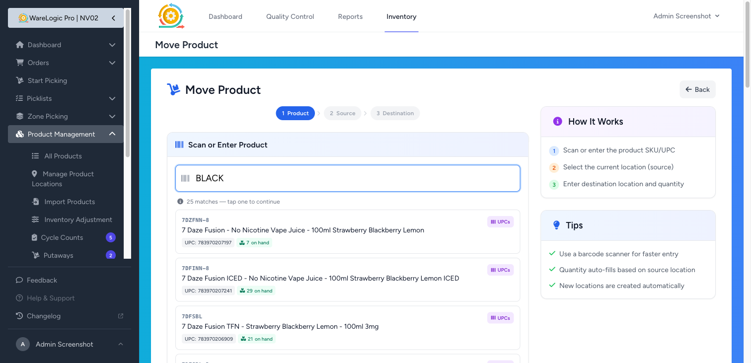 Move Product Step 1 — 25 matches for the term "BLACK", each with a UPCs button