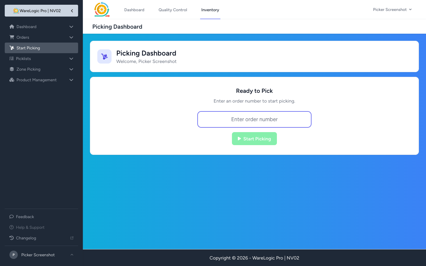 Picker dashboard — Start Picking button greyed out until the order number is typed