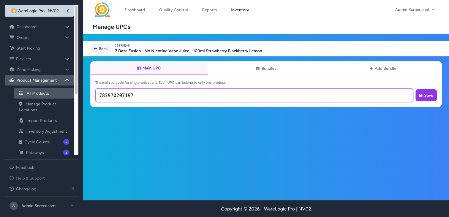 UPC management sub-page — Main UPC, Bundles, and Add Bundle tabs
