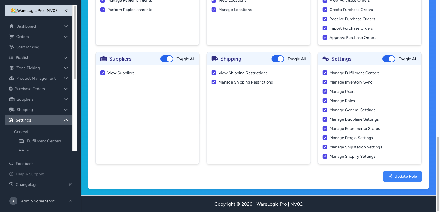 Role edit — Manage Shopify Settings now sits in the Settings group