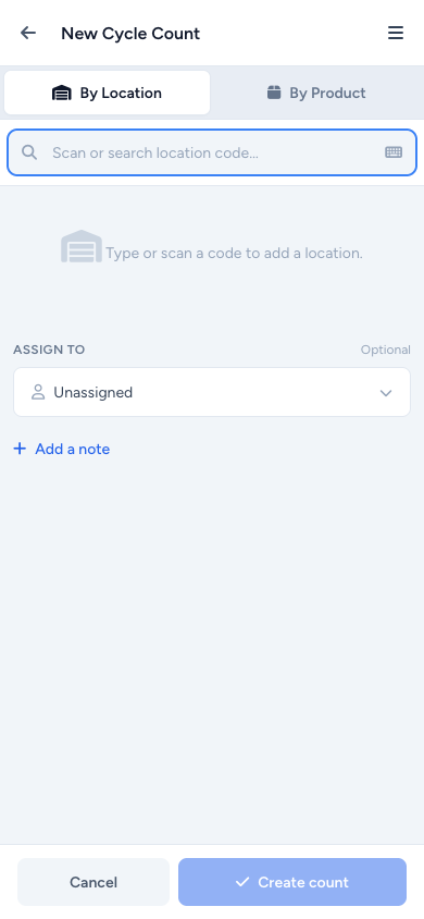 PDA create — segmented By Location / By Product, sticky review chips