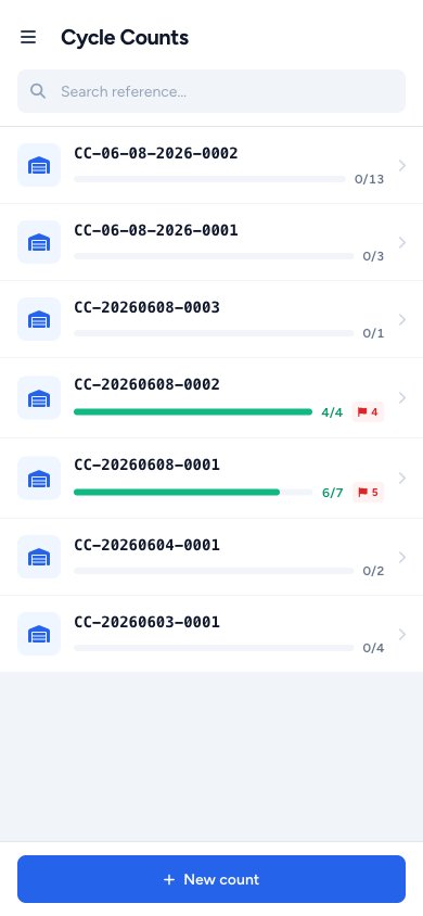 Cycle Counts on PDA — search header, full-width tap rows, sticky New Count CTA