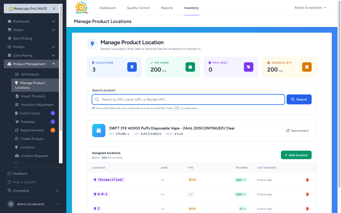 Manage Product Locations on desktop — KPI strip, product card, assigned bins table