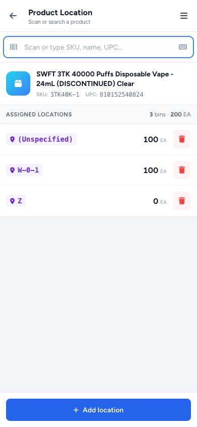 Manage Product Locations on PDA — sticky scan bar, KPIs, bin rows, sticky + Add CTA