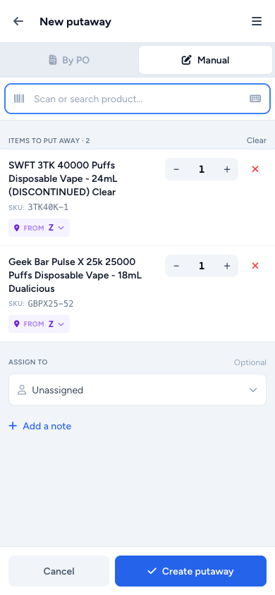 PDA create — segmented toggle, scan input, qty stepper, per-item source picker