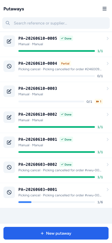 Putaways PDA index — source icons, progress bars, partial chips, sticky New CTA