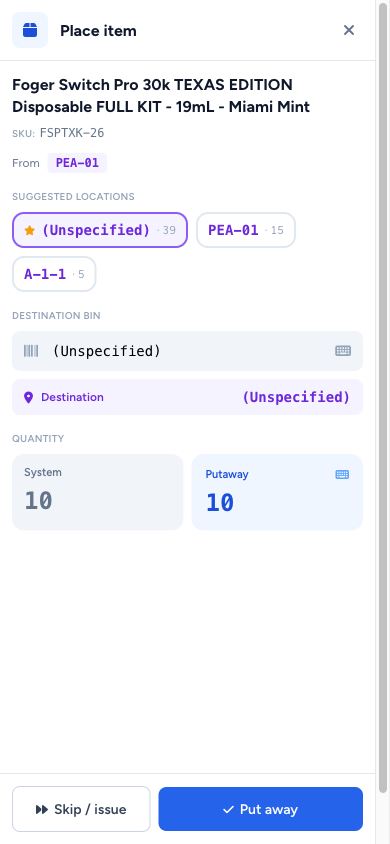 PDA putaway detail — sticky scan bar, From → Destination rows, Place sheet open with suggested chips