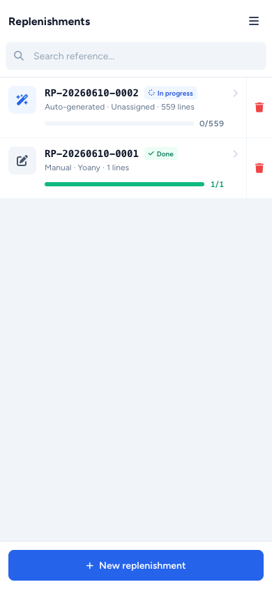 Replenishments PDA index — source icons, working-on-it subtitle, progress bars, delete button per row