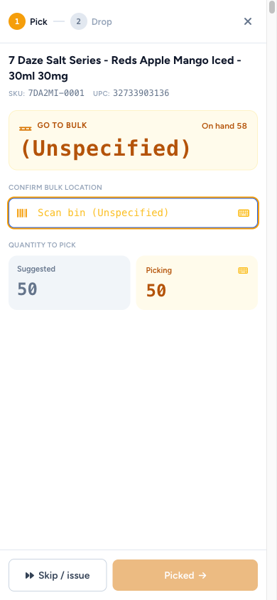 PDA Move sheet stage 1 — strict scan confirmation of the bulk bin, amber palette