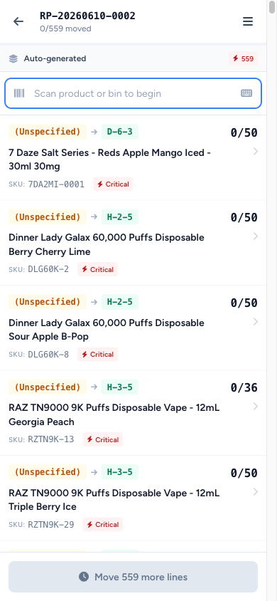 PDA replenishment process — sticky scan bar, bulk→pick-face rows with critical chips