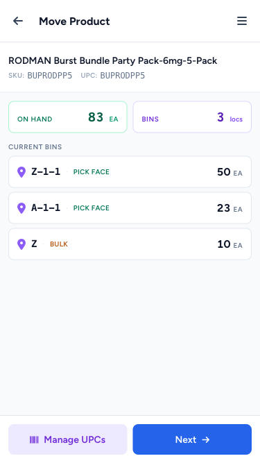 Selected product card — KPI strip + per-bin cards + sticky CTAs