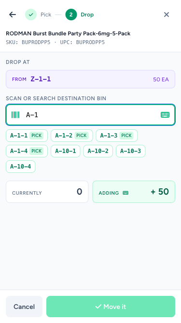 Move sheet — Stage 2 (Drop At, emerald)