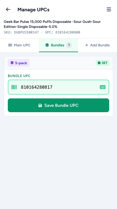 Manage UPCs — Bundles tab with pack-size pill, status badge, and Save