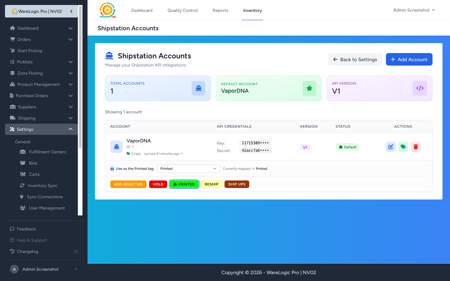 ShipStation tag catalog on the Accounts page