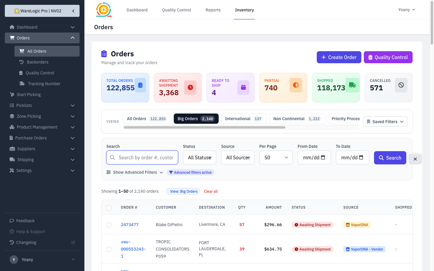 Orders page with preset views