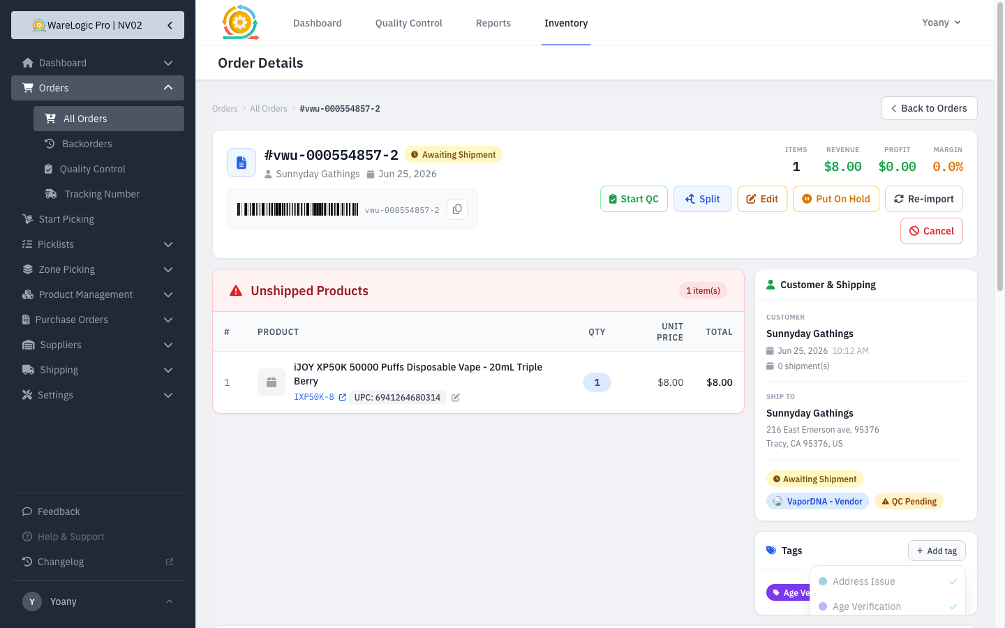 Applying a tag from the order page