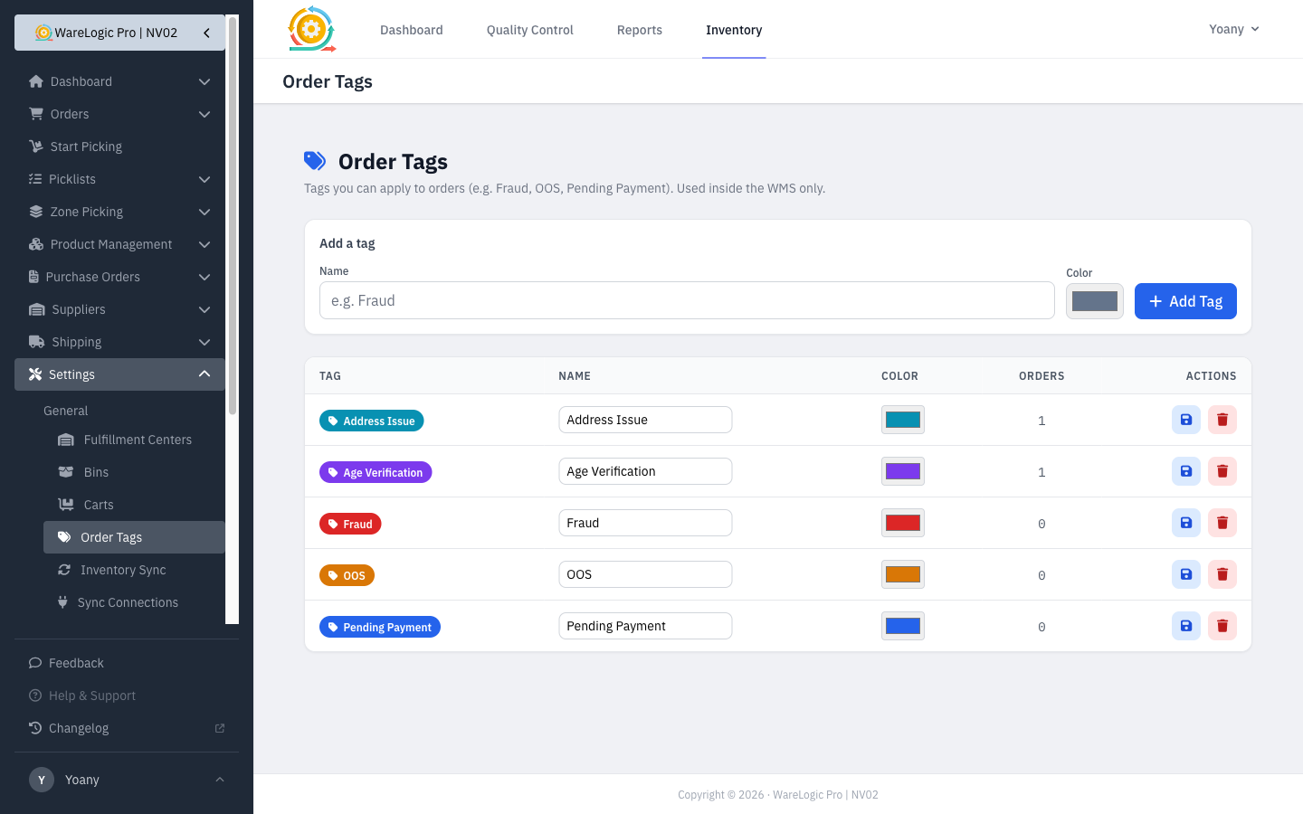 Managing order tags under Settings