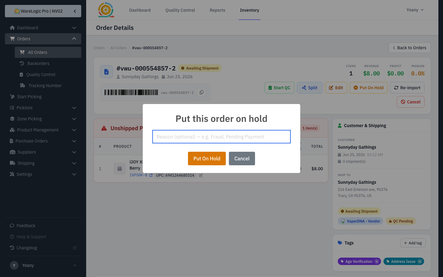Putting an order on hold with an optional reason