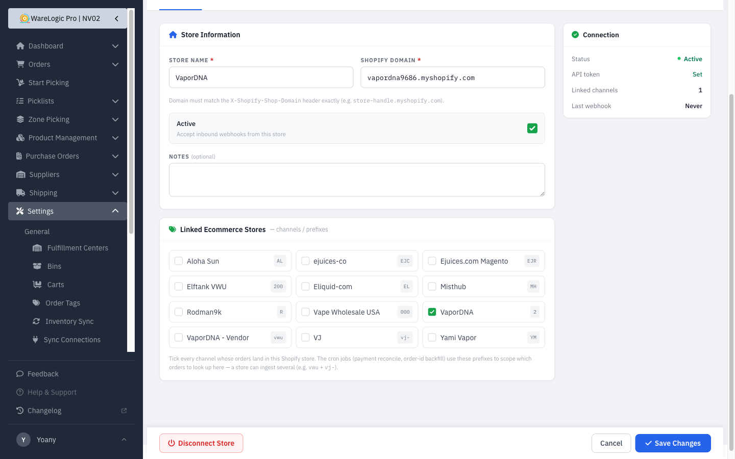 Linking a store to its sales channels