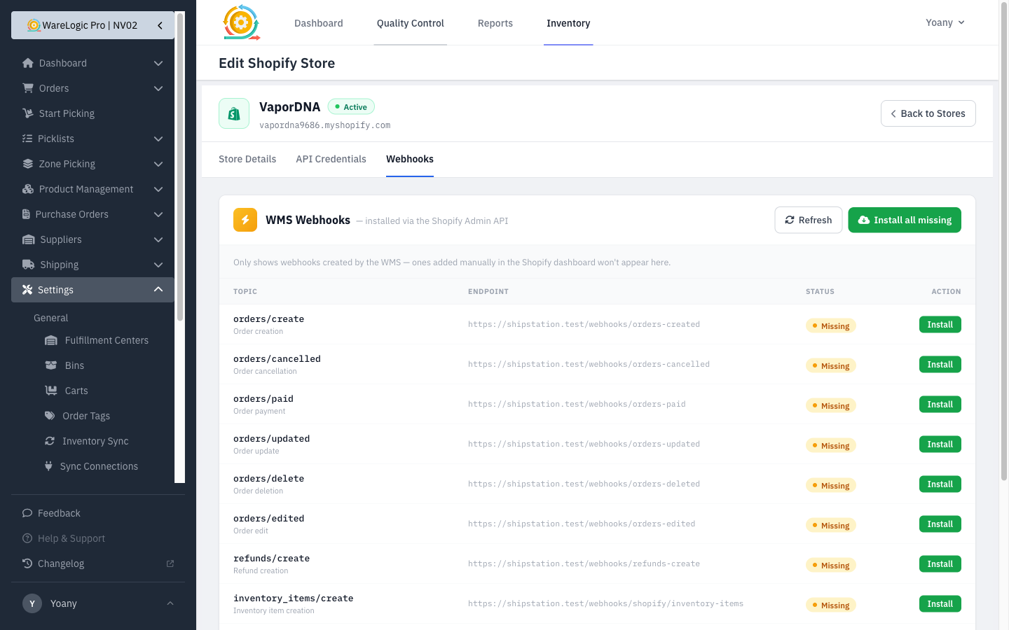 Webhook manager on the store settings page
