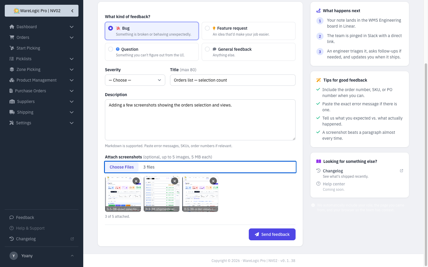 Feedback form with multiple screenshot thumbnails