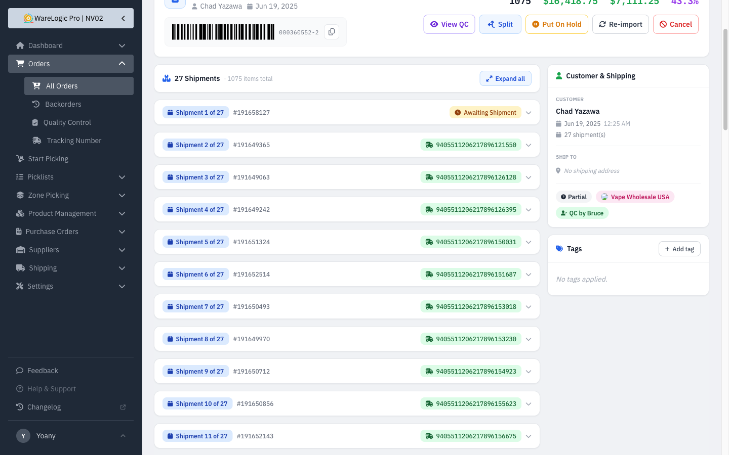 Collapse all shipments on the order detail page