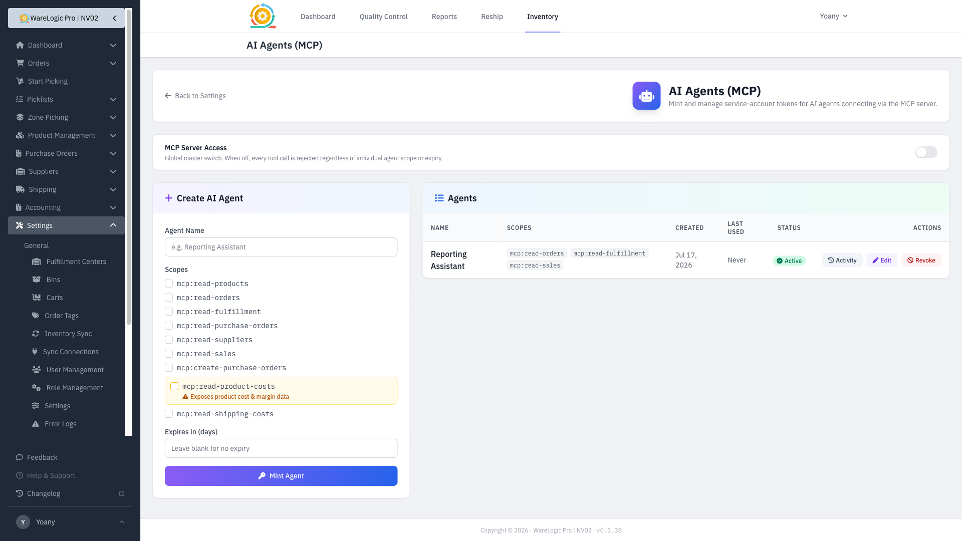AI Agents settings page
