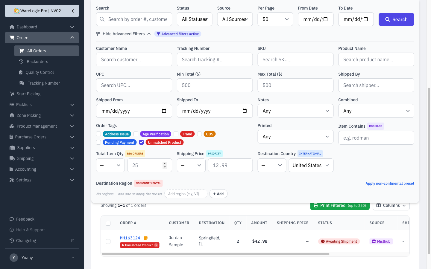 Filtering orders by the Order Tags filter