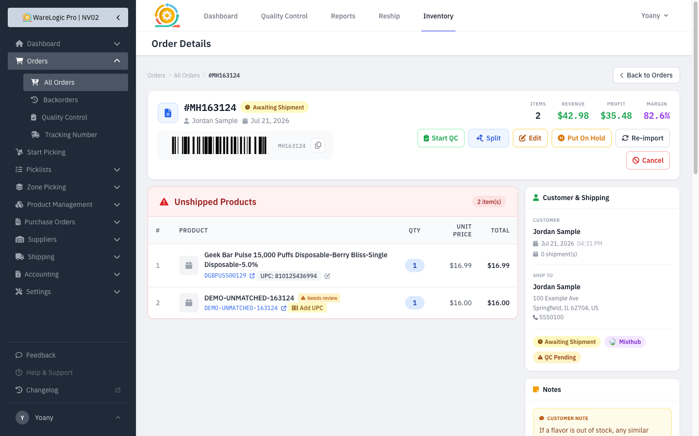 An order with a needs-review unmatched product