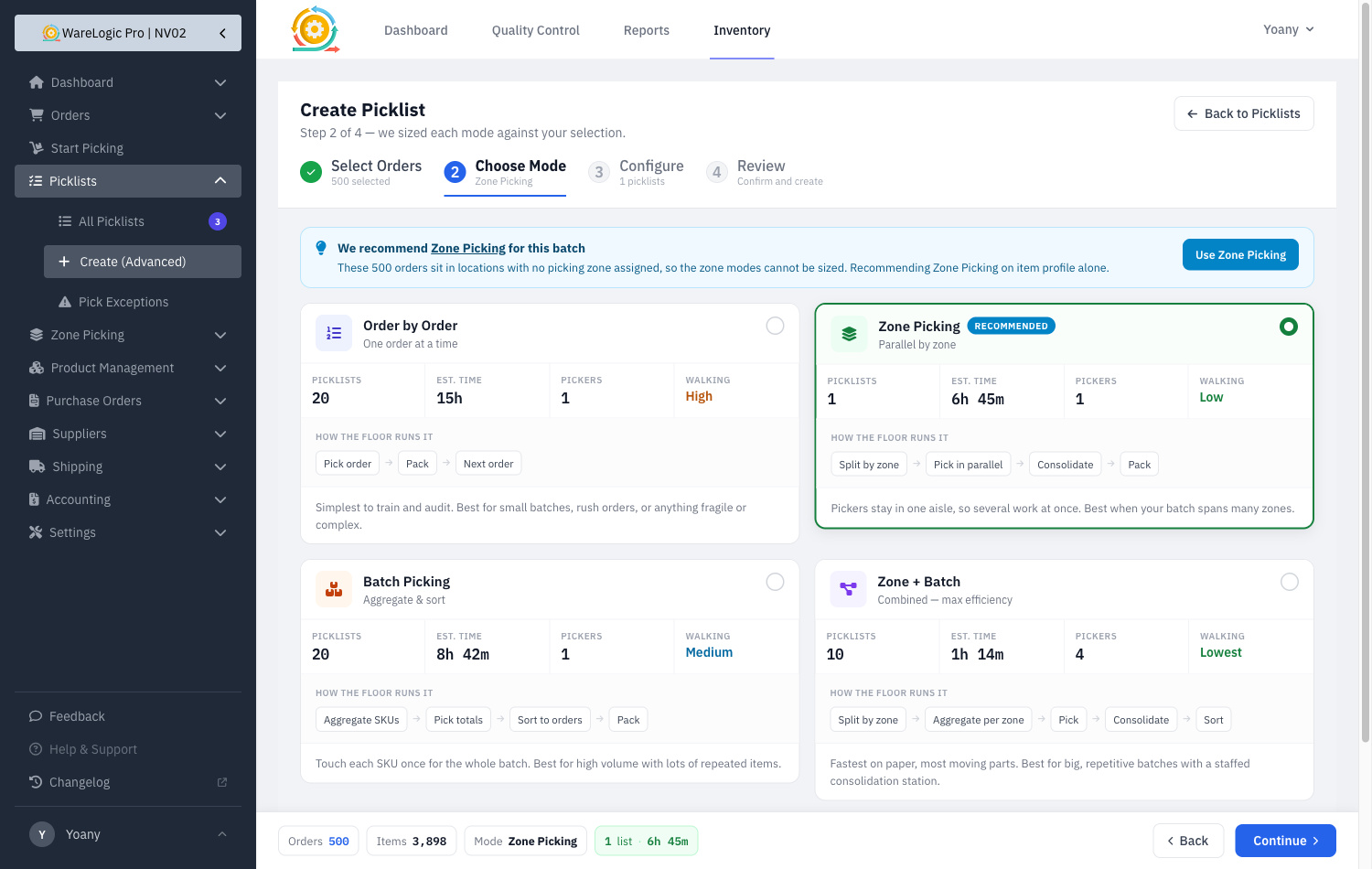 Choosing a picking mode with each option sized against the selected orders
