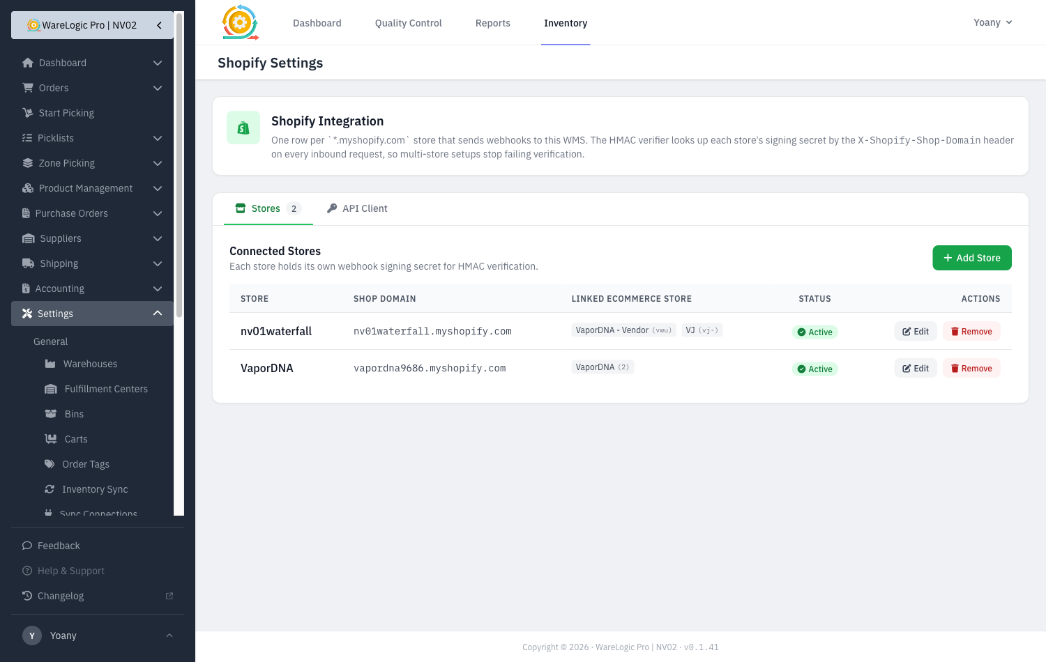 Shopify settings with per-store configuration