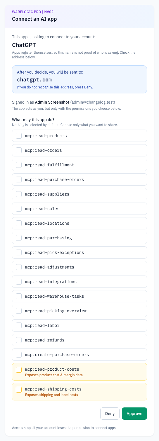 Connect an AI app permission screen