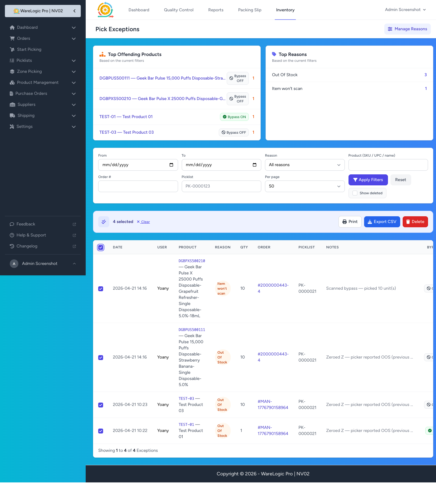 Bulk actions on the Pick Exceptions report