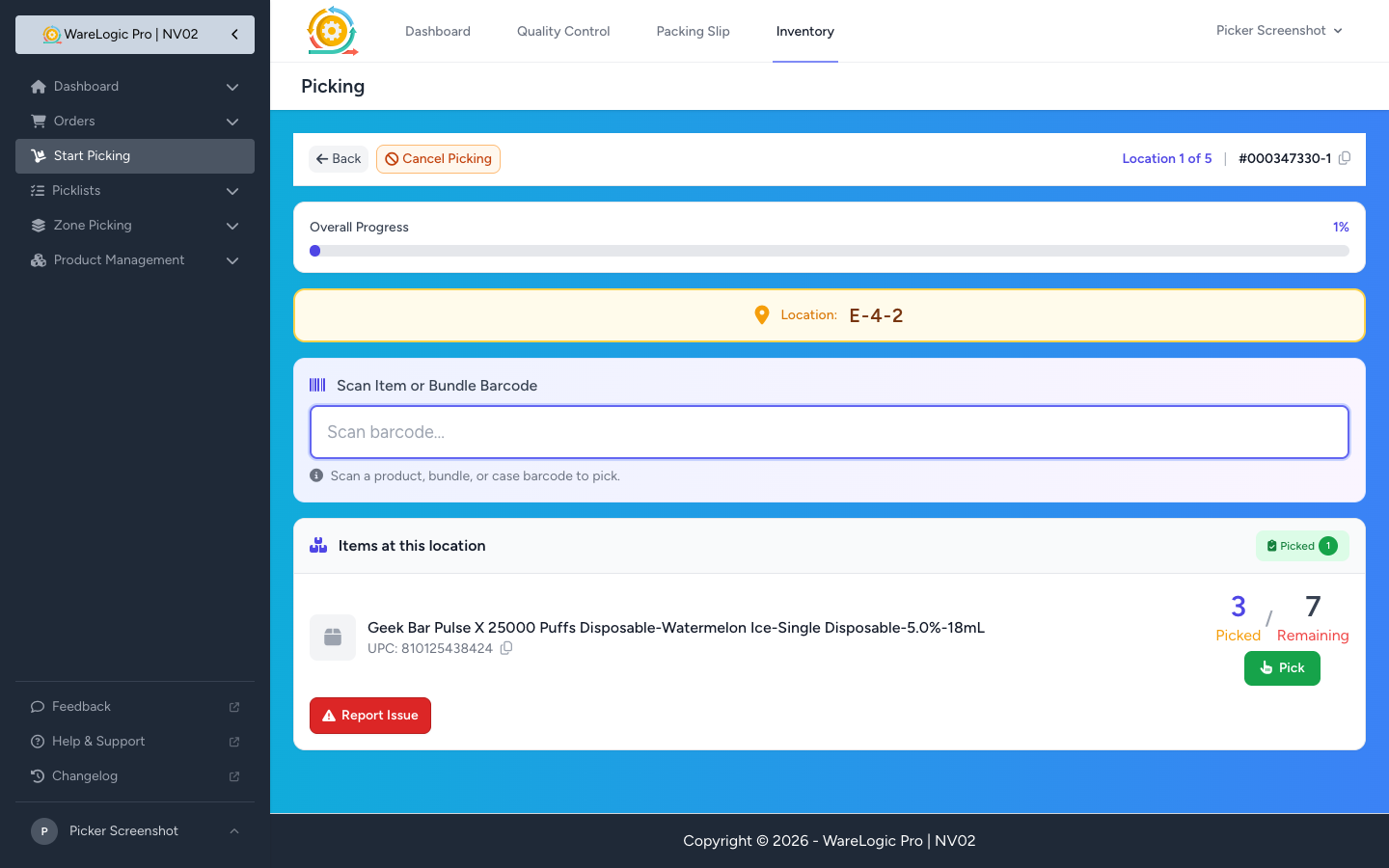 Green Pick button on a scan-free item