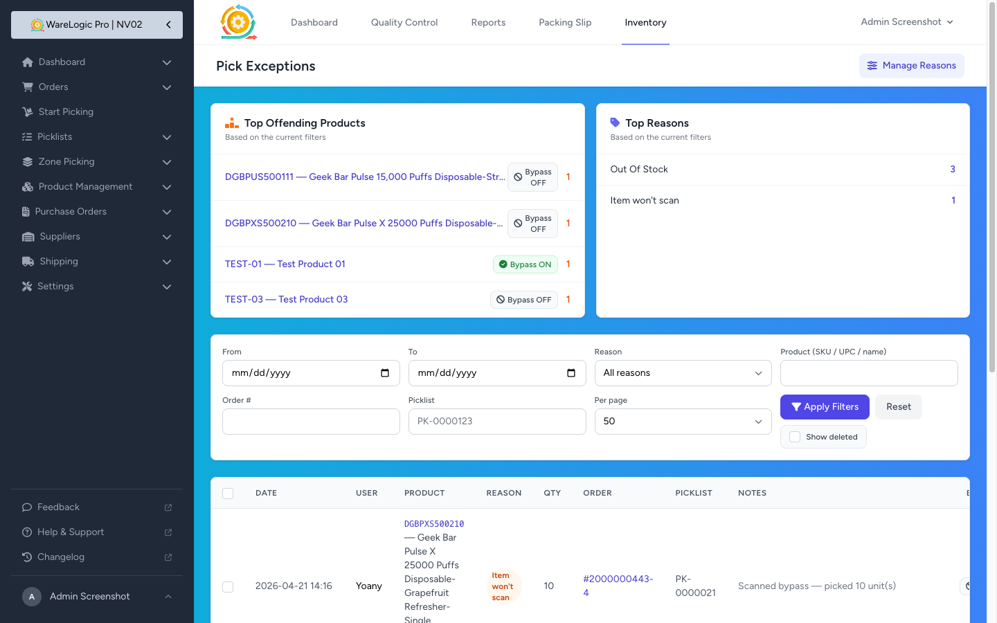 Pick Exceptions report