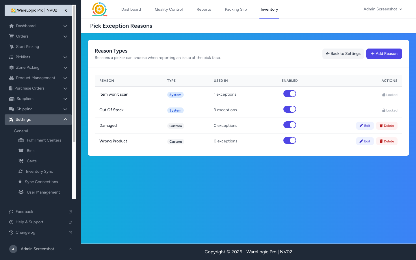 Pick Exception Reasons admin