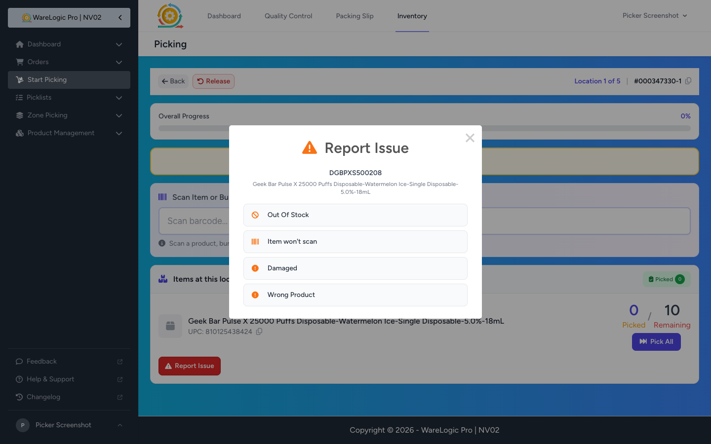 Report Issue popup on desktop