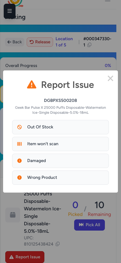 Report Issue popup on mobile